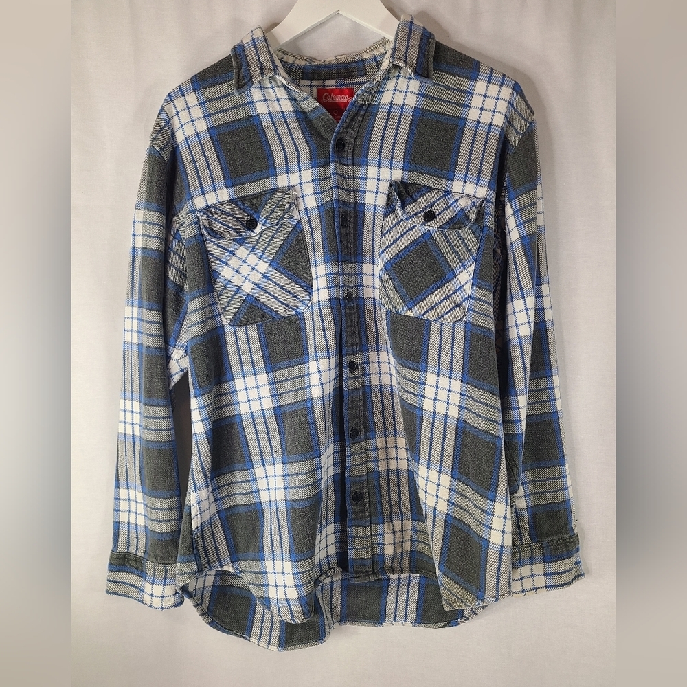Vintage Coleman Flannel Blue Plaid Shirt Mens Large Long Sleeve Button Down